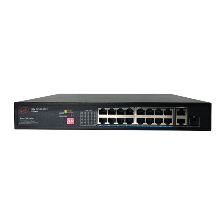 سوئیچ شبکه 16 پورت PoE اِس اِی ایی مدل HUM-PE16E-2GF-3